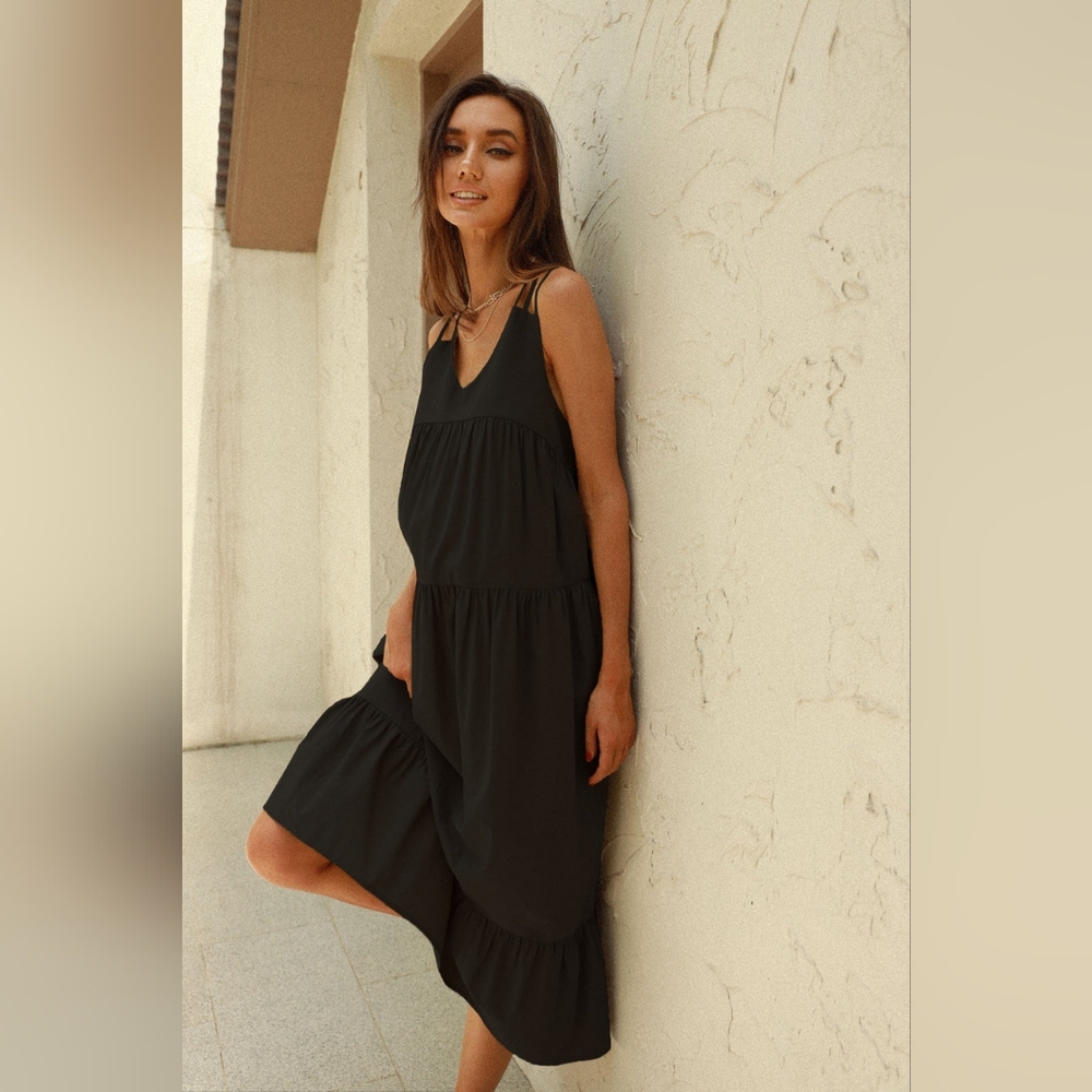 NWT - Lyocell Cotton Frieeah Boutique Black Cross-Back Midi Sundress - Size L - Picture 8 of 8